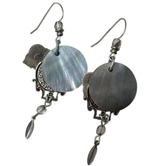 Bohemian Dangle Earrings Mother-Of-Pearl Silver-Tone Unique 2" - Picture 5 of 9